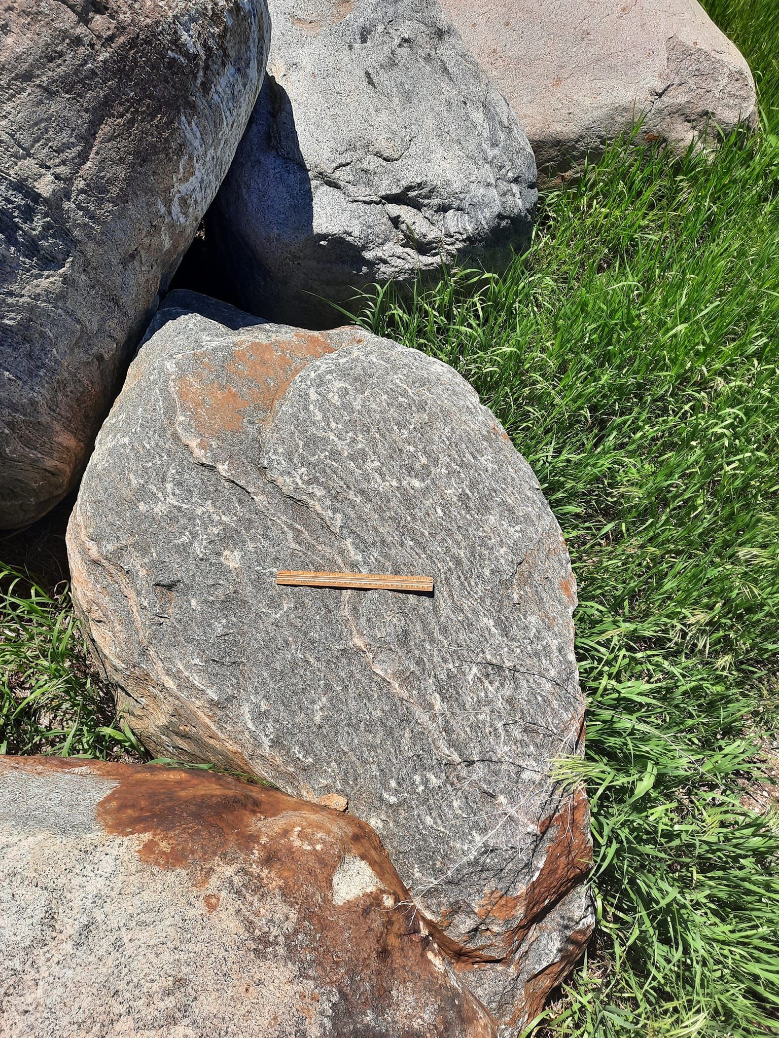 A pile of rocks sitting on top of a lush green field.