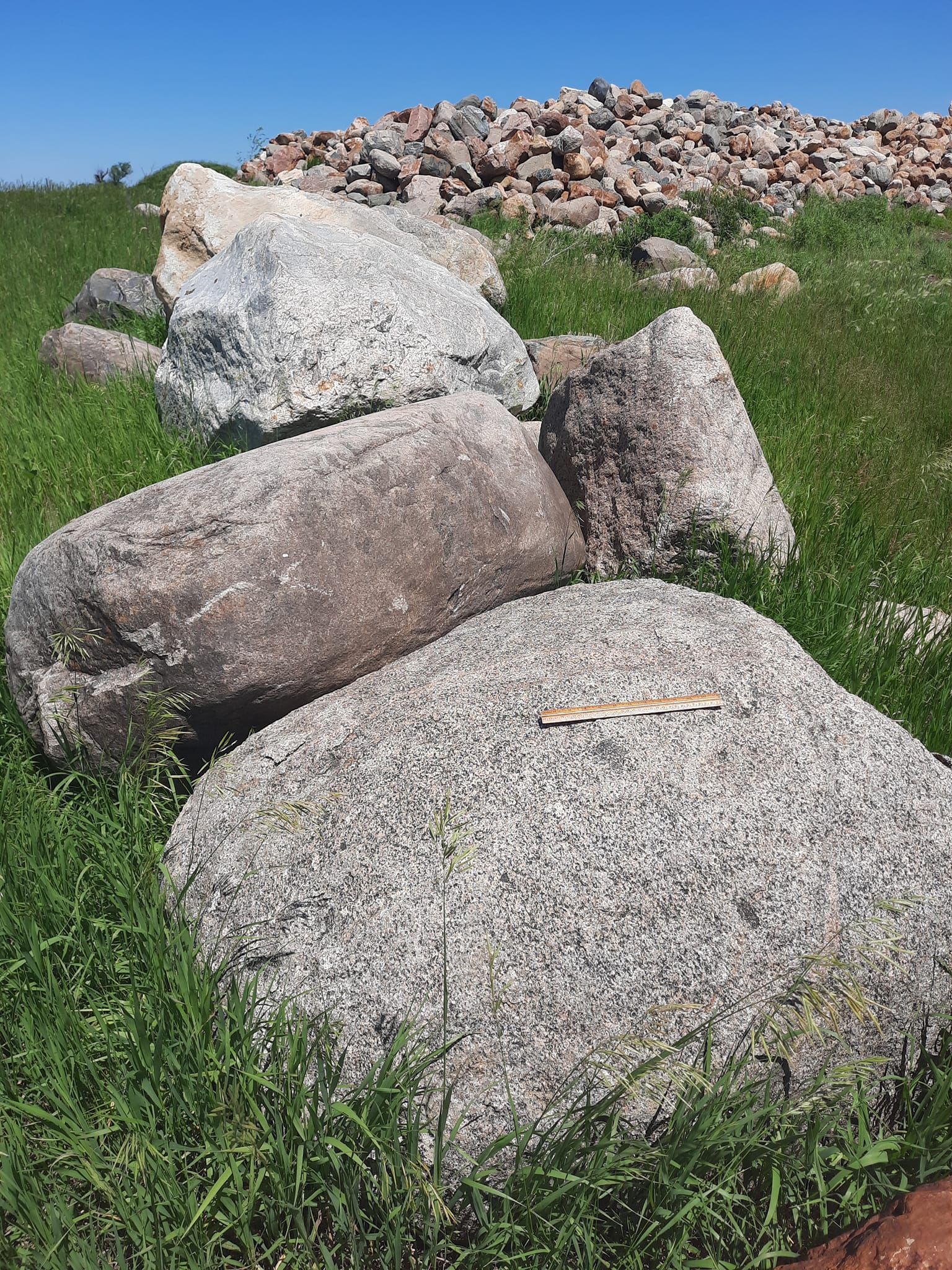 A pile of rocks sitting on top of a lush green field.