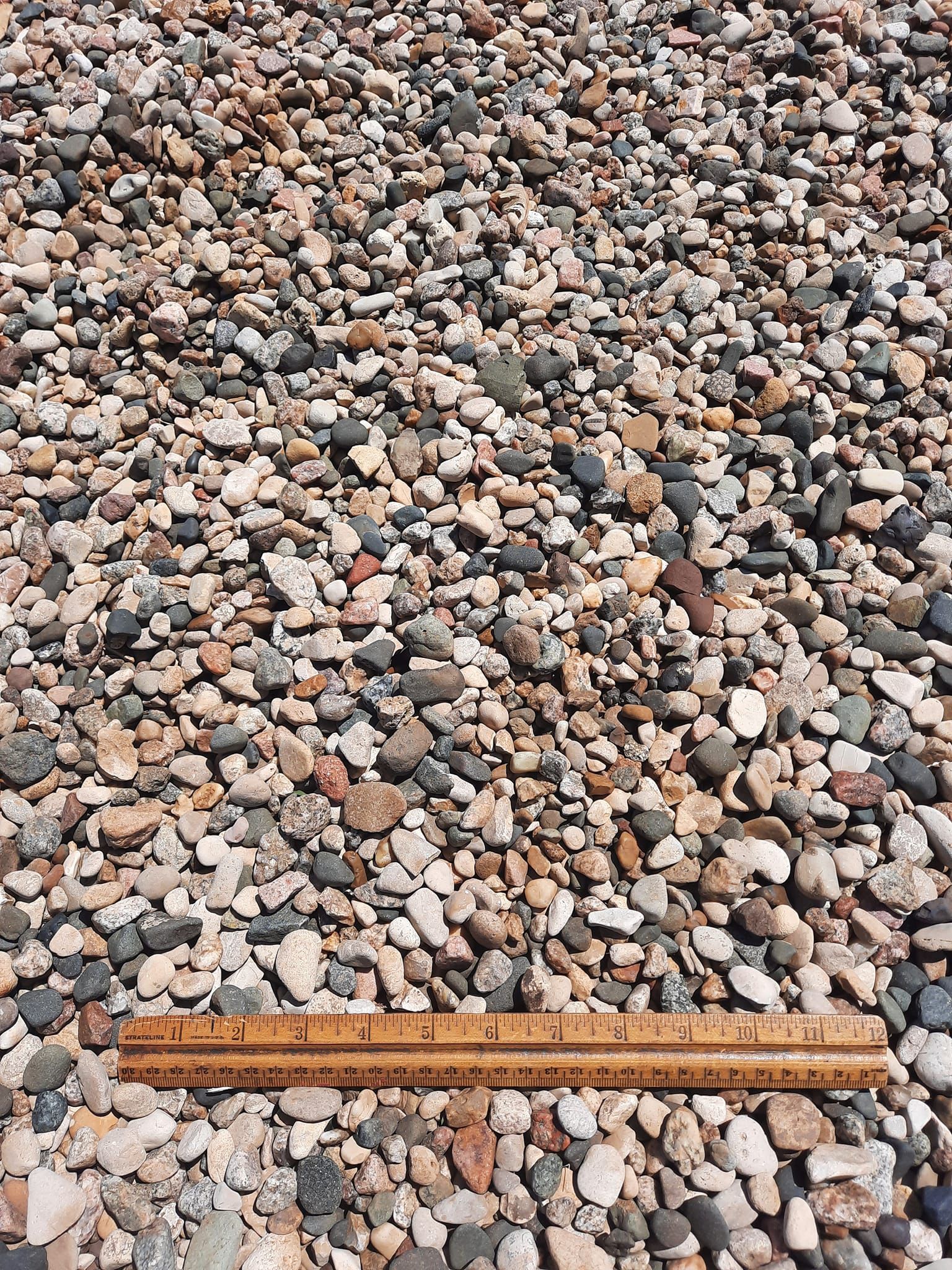 A ruler is sitting on top of a pile of rocks.