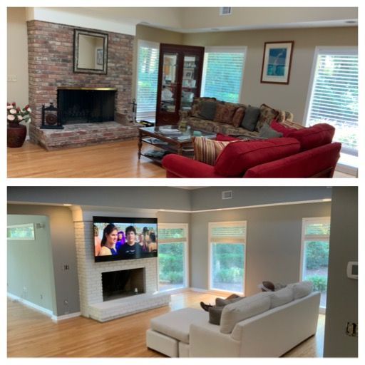 A before and after photo of a living room