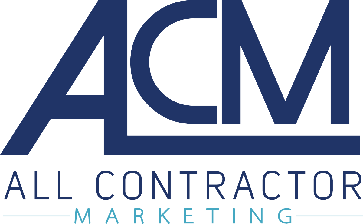 The logo for acm all contractor marketing is blue and white.