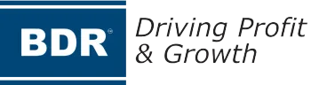 A blue and white logo for bdr driving profit and growth