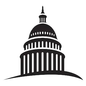 A black and white silhouette of the capitol building on a white background.