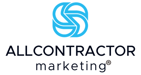 The logo for acm all contractor marketing is blue and white