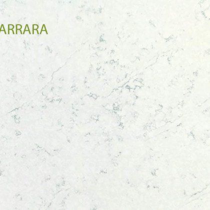 A close up of a white marble counter top with the word arrara on it.