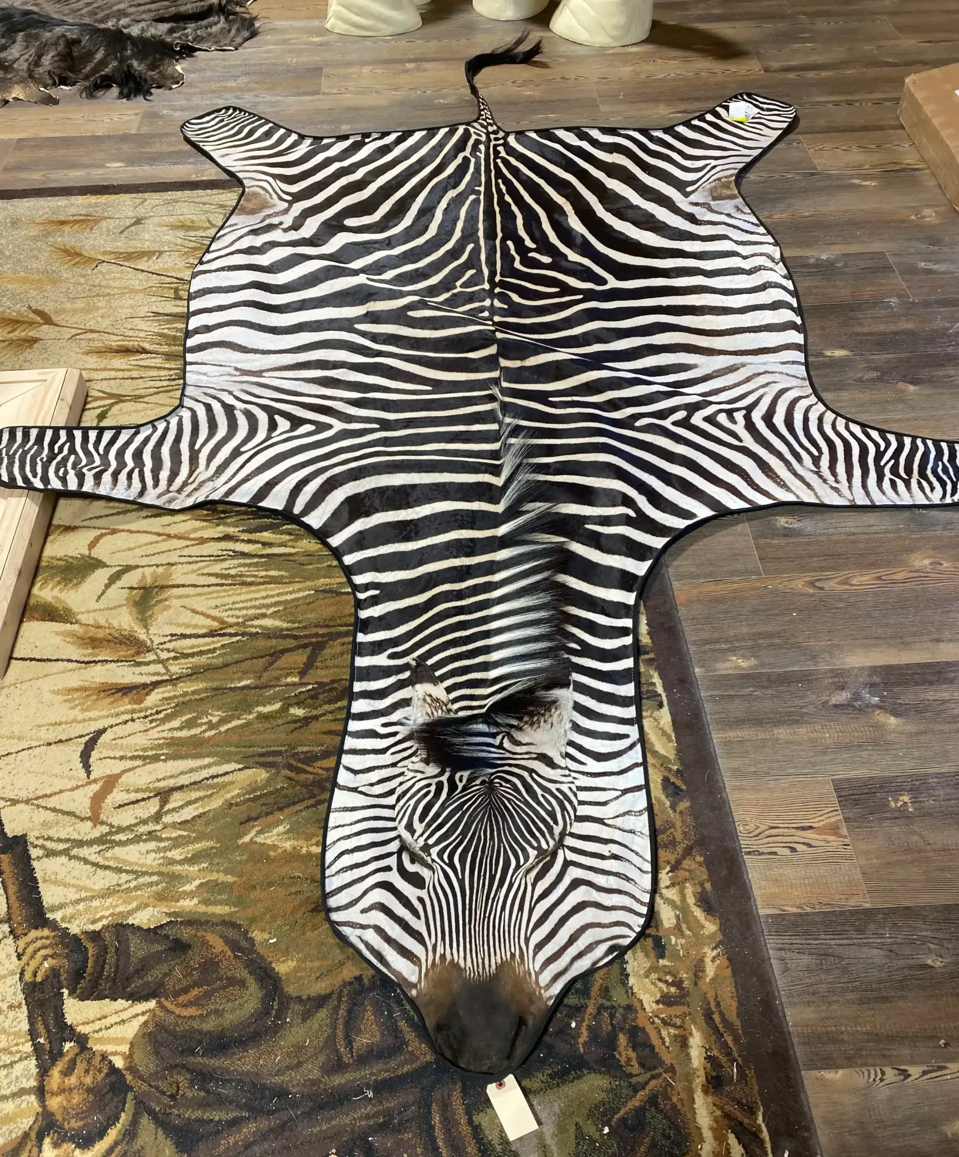 A zebra skin rug is laying on a wooden table.