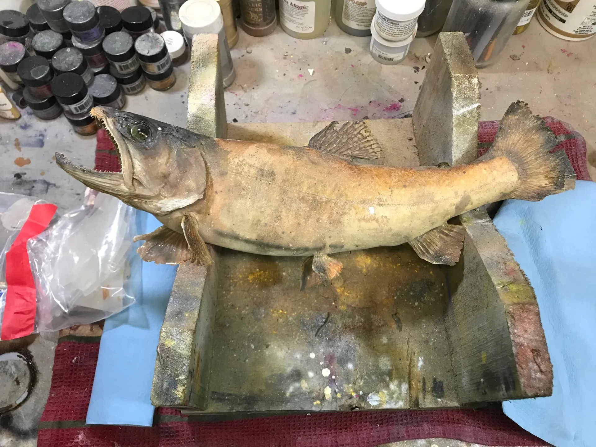 A fish is sitting on top of a wooden block on a table.