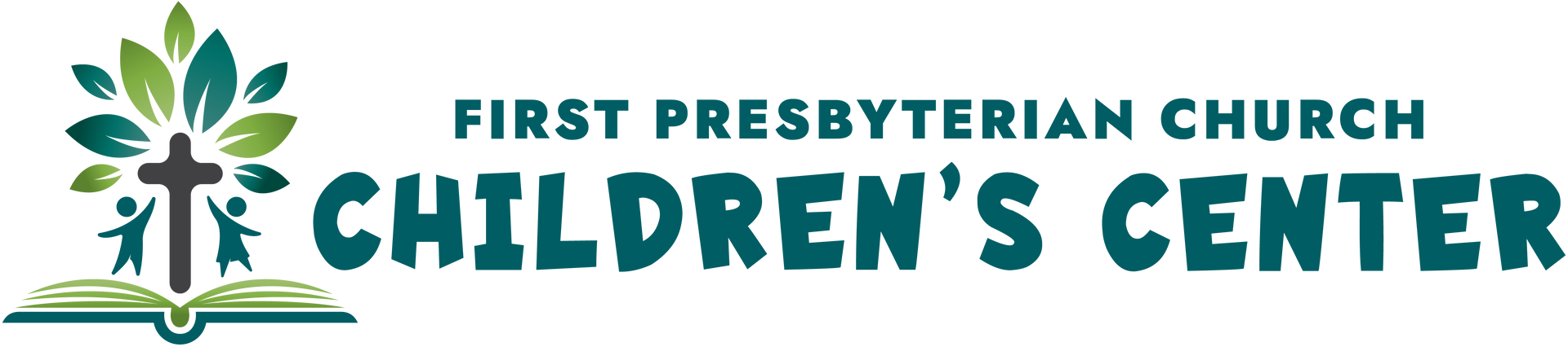 Logo for First Presbyterian Church Children’s Center featuring a cross, leaves, and silhouettes of children on a book.
