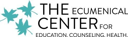 Logo for The Ecumenical Center with three teal leaves on the left and black text on the right.