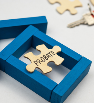 A wooden puzzle piece with the word probate written on it