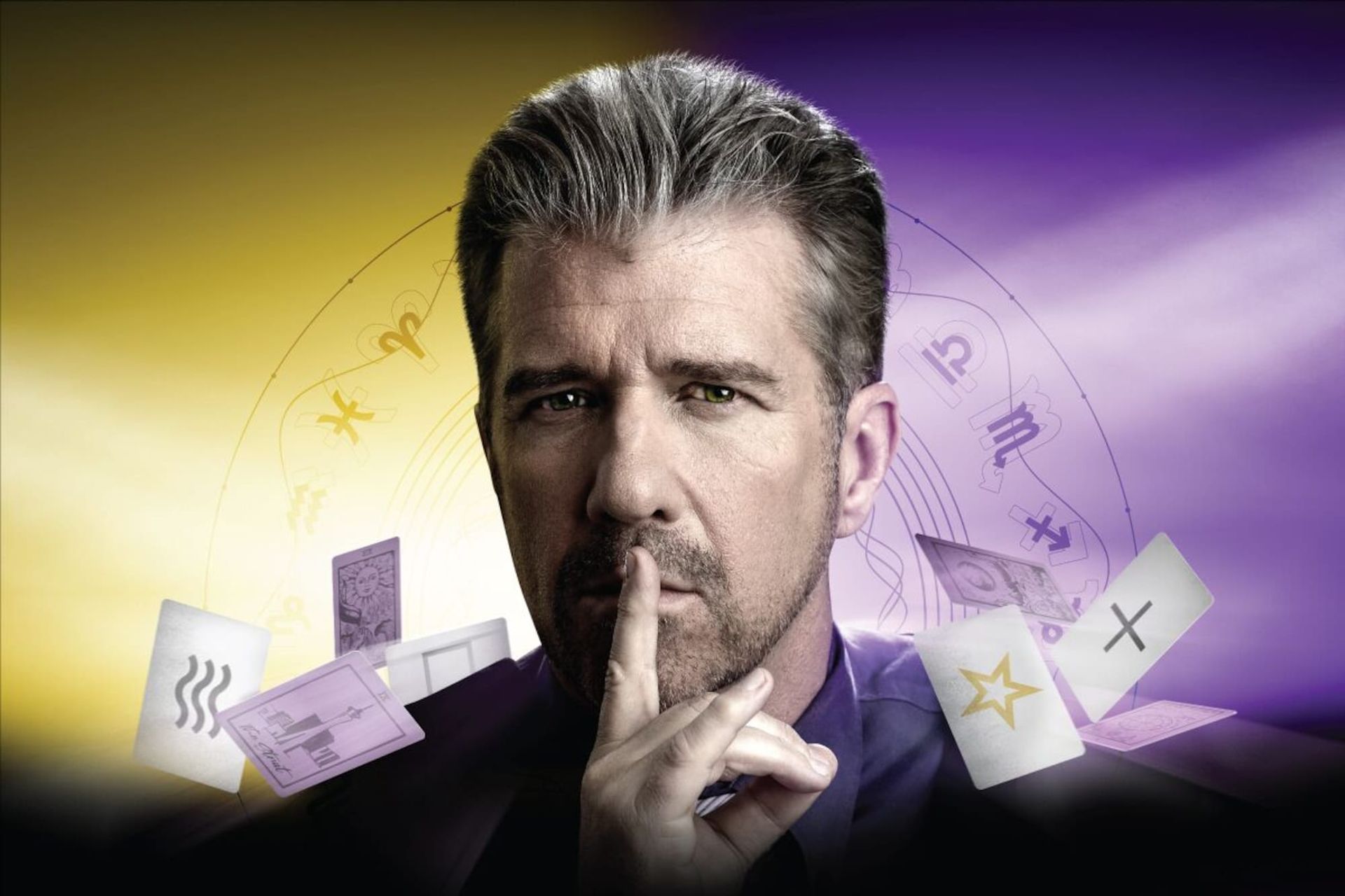 a man is holding his finger to his mouth in front of a zodiac sign .