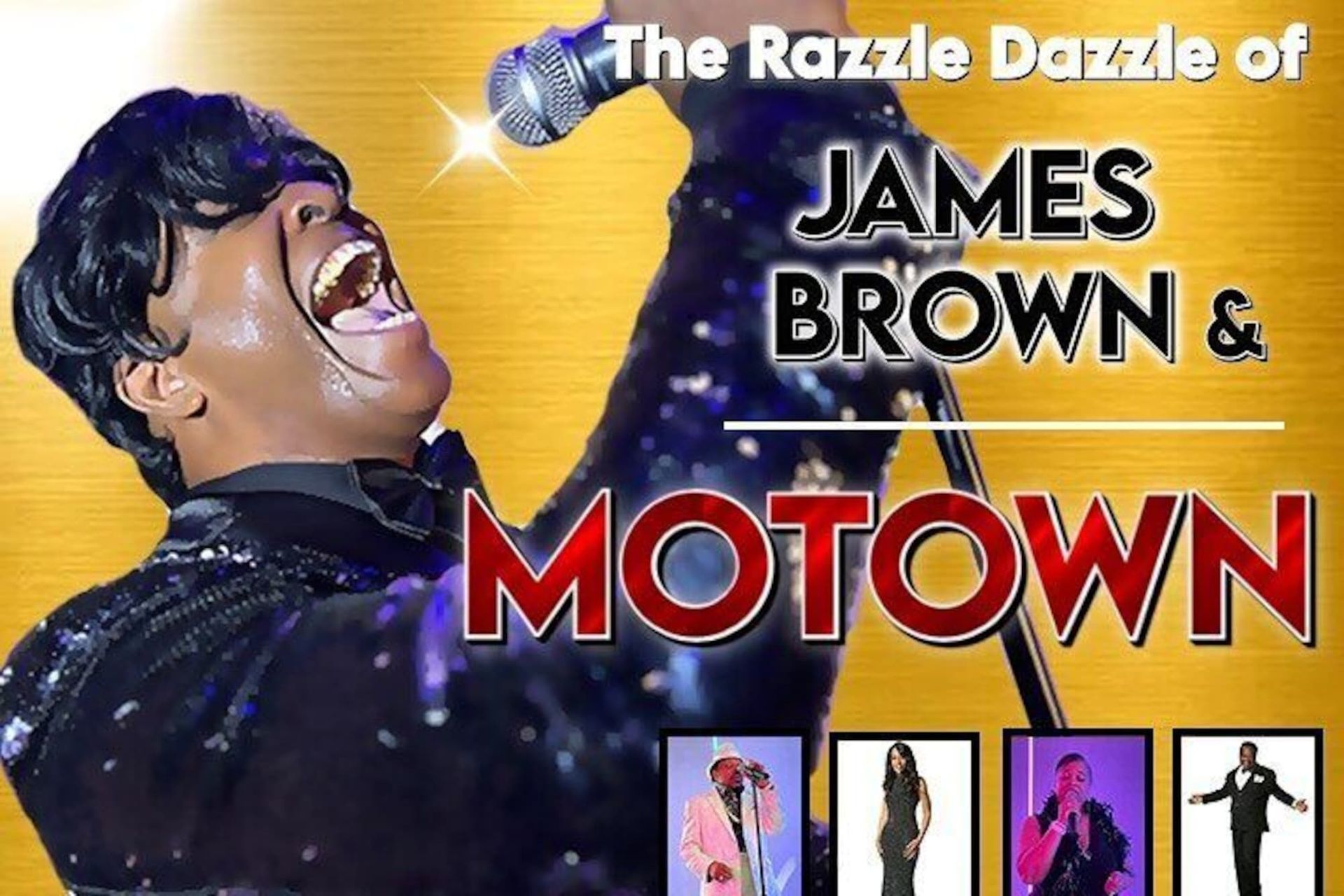 a poster for james brown and motown shows a man singing into a microphone