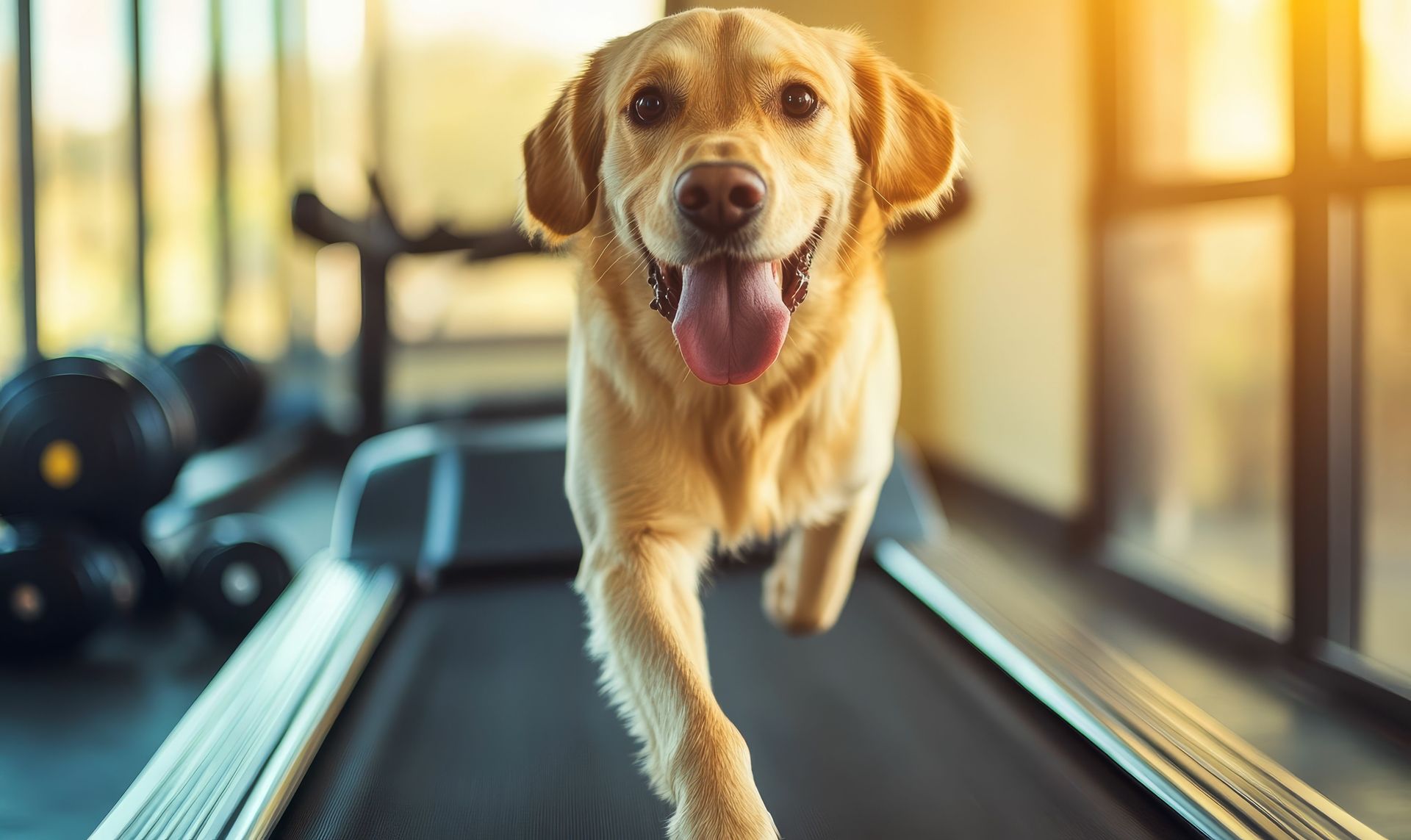 A dog is running on a treadmill in a gym.