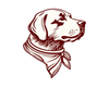 A black and white drawing of a dog wearing a bandana around its neck.