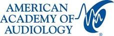 Logo for the American Academy of Audiology, featuring text and a blue stylized soundwave.
