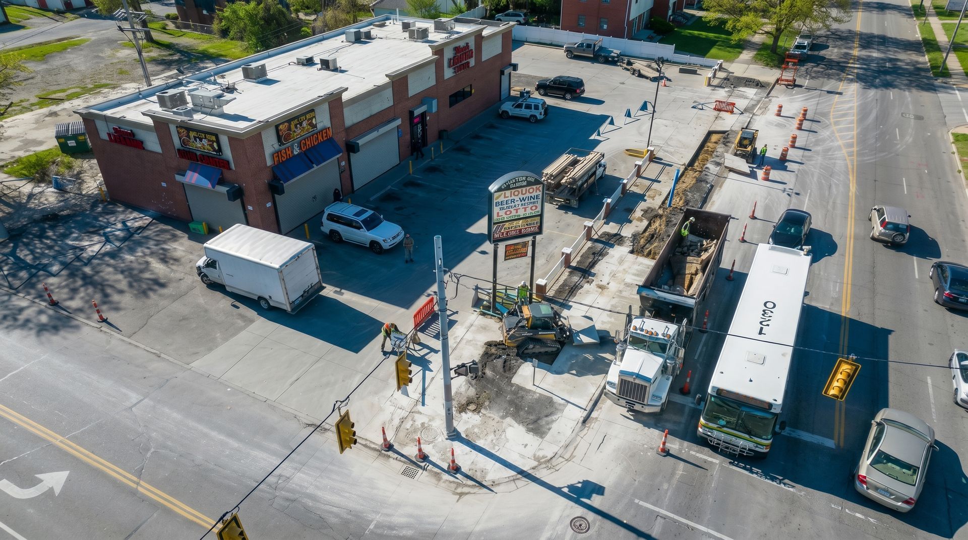 Aerial view of a street construction site beside a brick building, with trucks, barriers, and excavators.