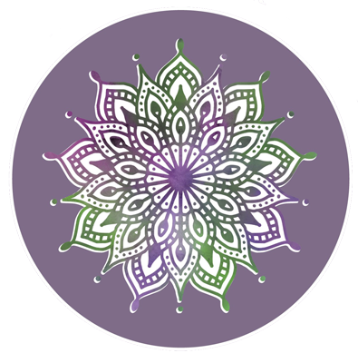 A purple and white mandala on a purple background.