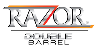 Razor Double Barrel logo with silver text and orange and red accents.