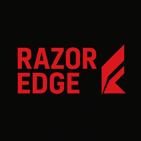 The razor edge logo is red on a black background.