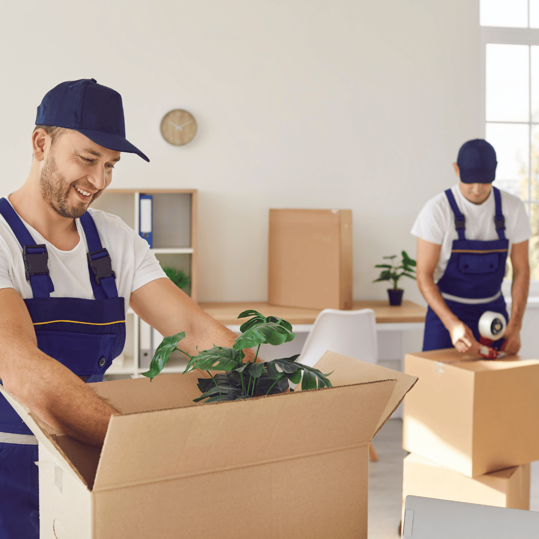 A man is holding a plant in a cardboard box.