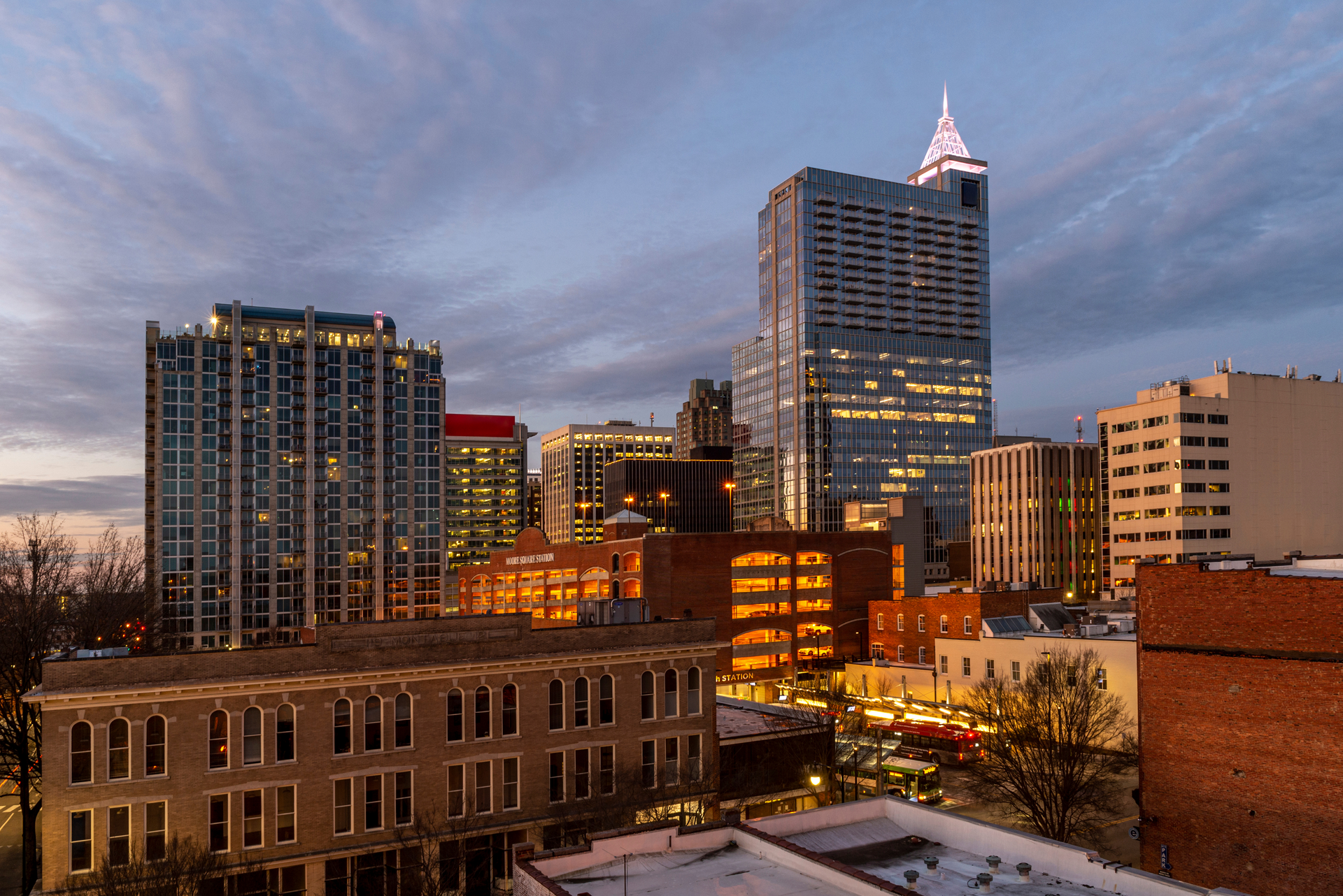 Raleigh, NC Skyline at sunrise looking west from parking deck