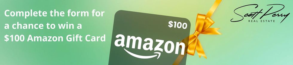 Banner ad: complete the form to win a $100 Amazon gift card, with Amazon logo and gift card graphic.