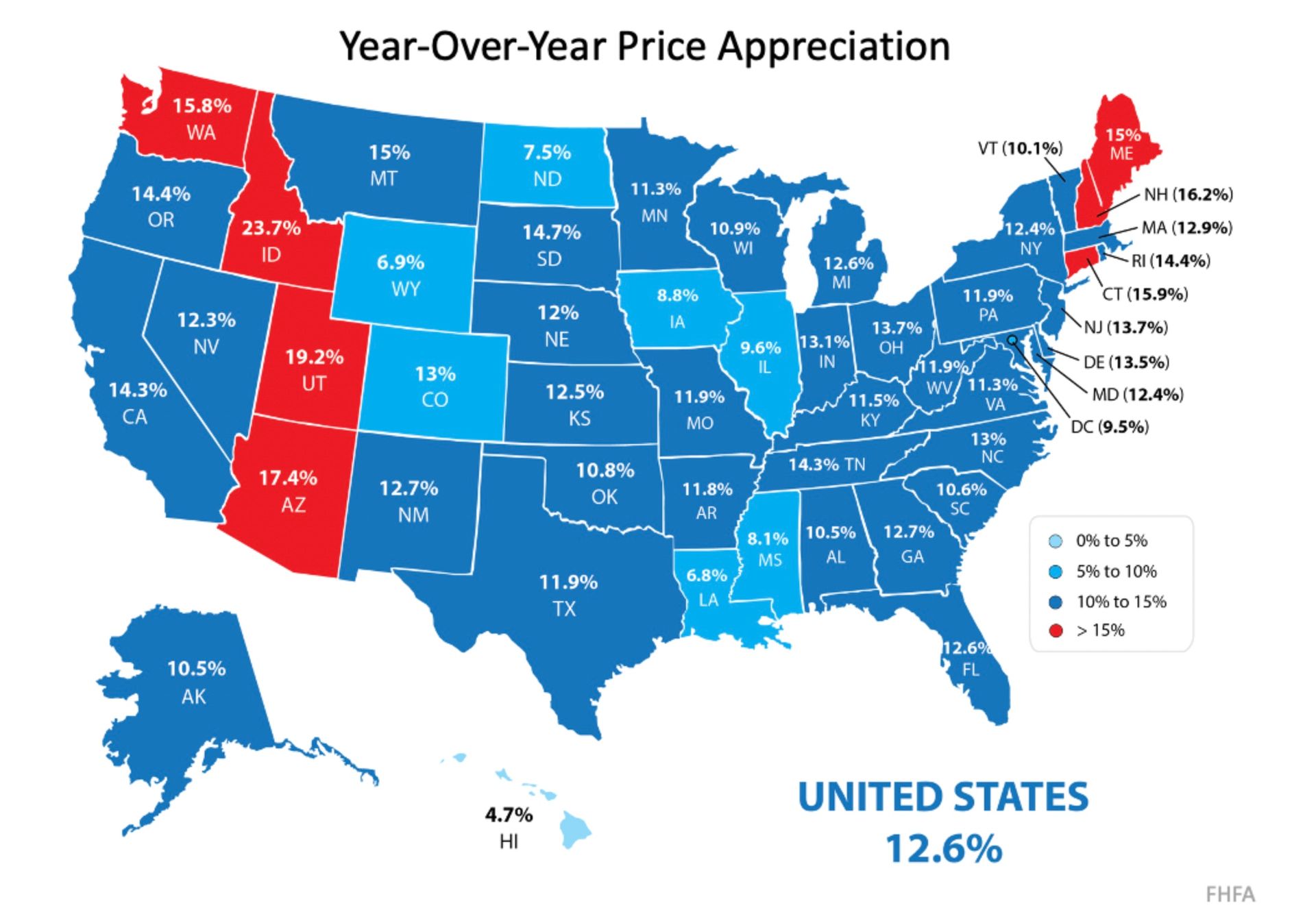 Map of the United States showing state-by-state home price appreciation from Q1 2020 to Q1 2021, with most states showing significant year-over-year growth.