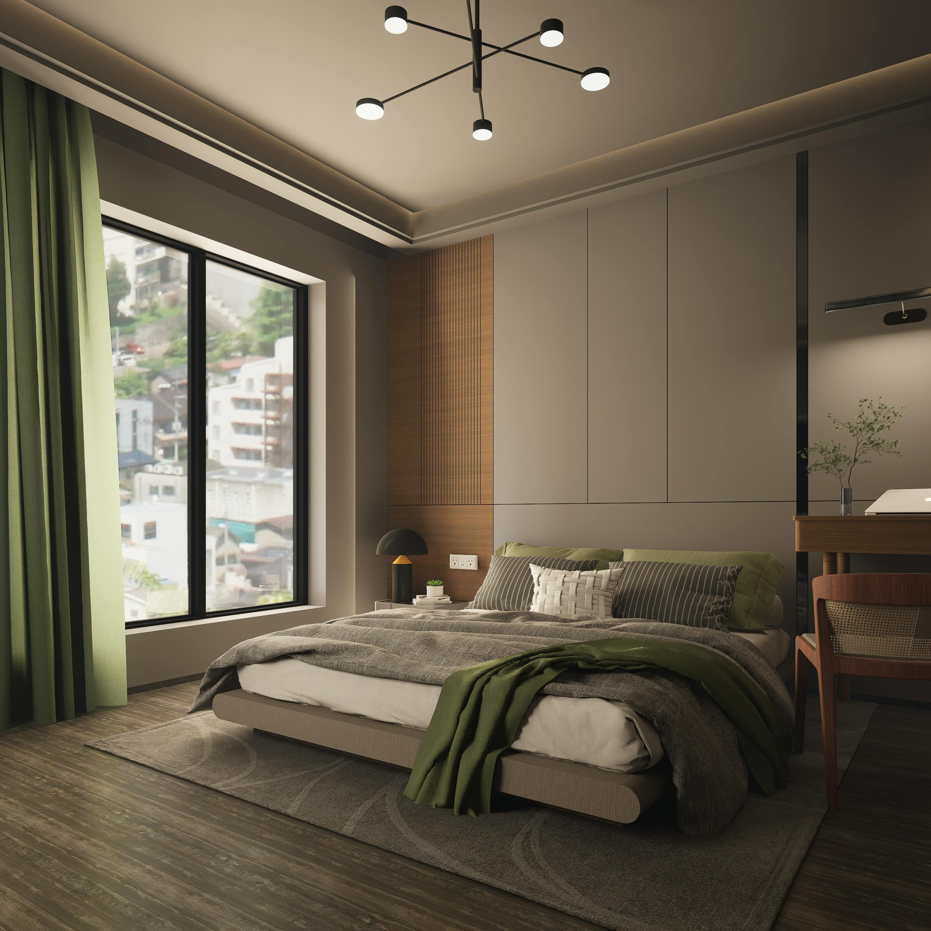 A bedroom with a large bed and a large window
