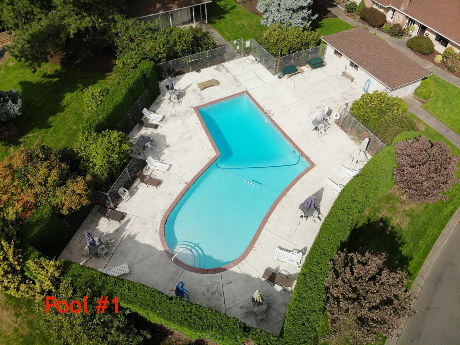 An aerial view of a large swimming pool in a residential area
