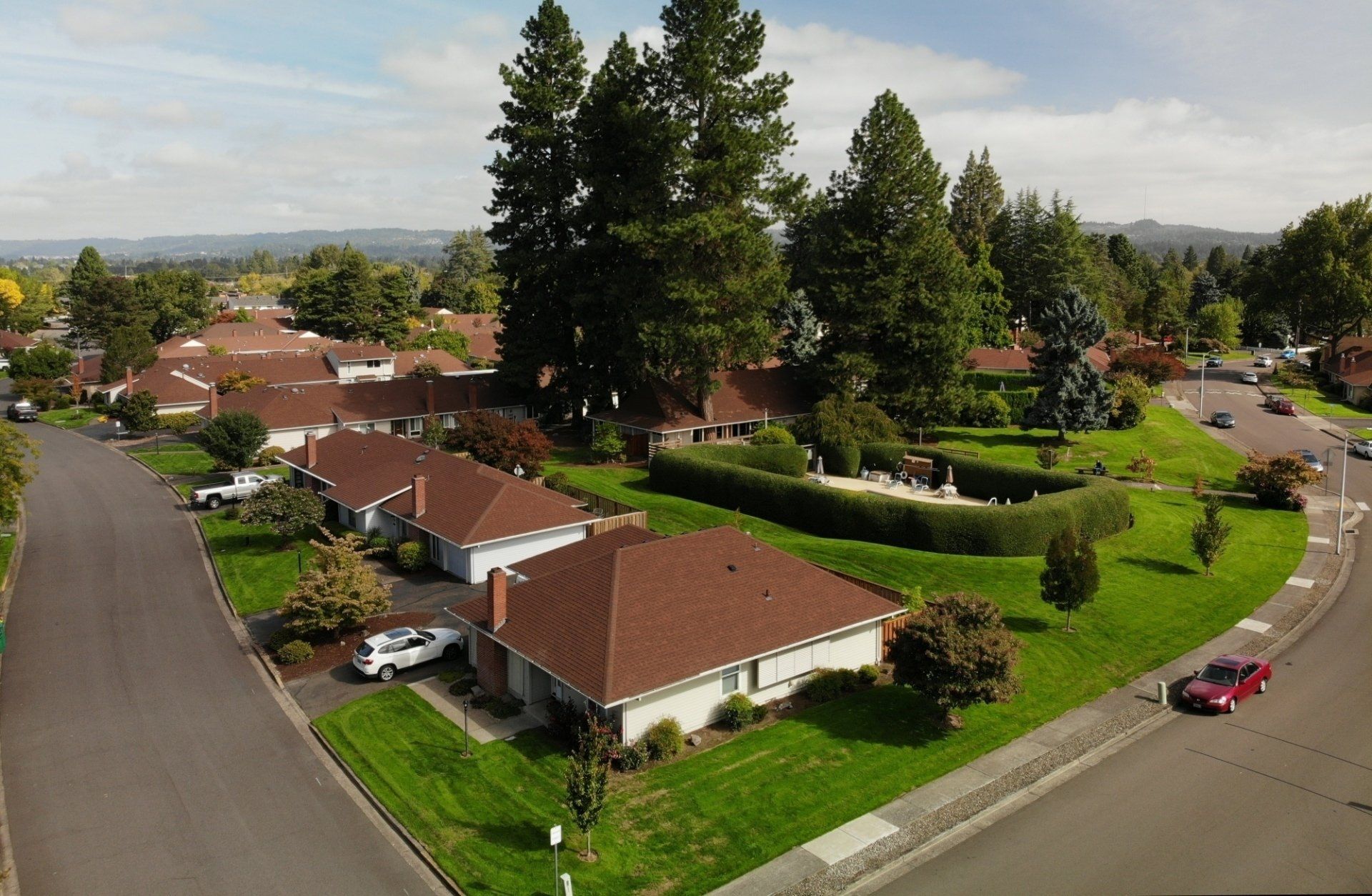 An aerial view of a residential neighborhood with houses and trees