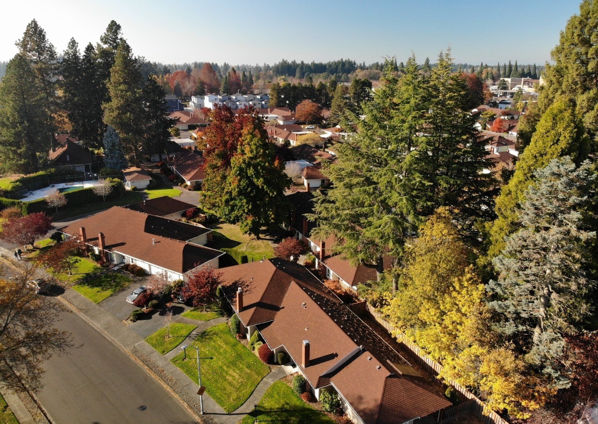 An aerial view of a residential area with houses and trees