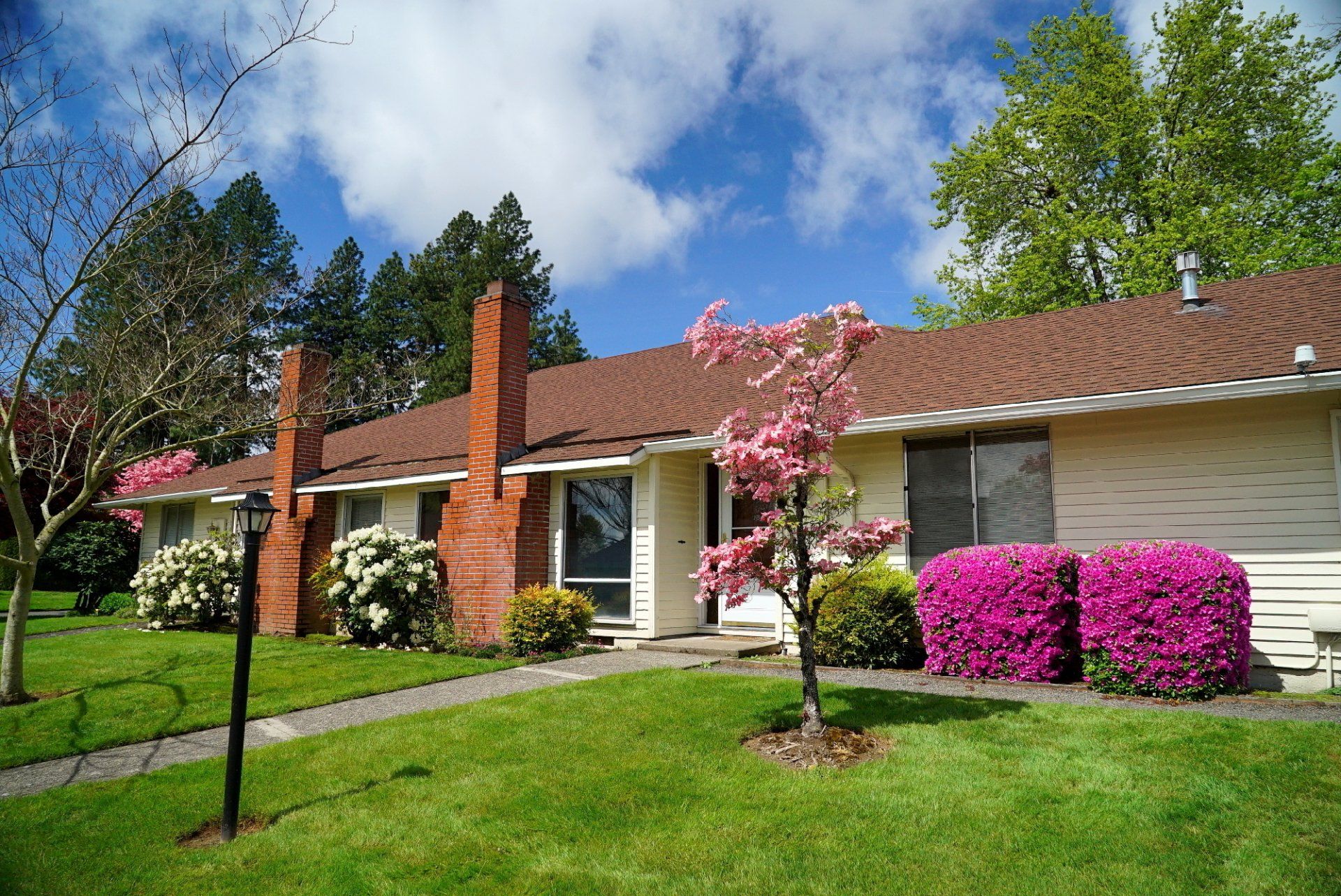 A white house with a brown roof and pink flowers in front of it