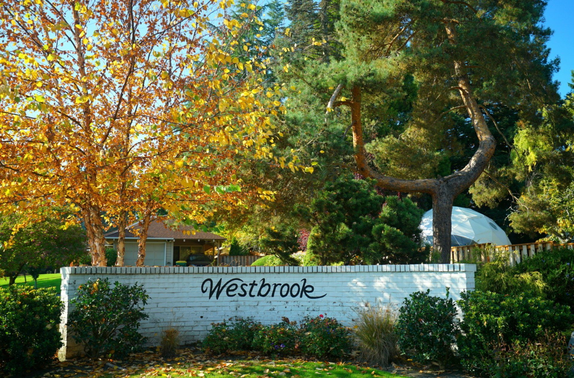 A sign for Westbrook is surrounded by trees and bushes