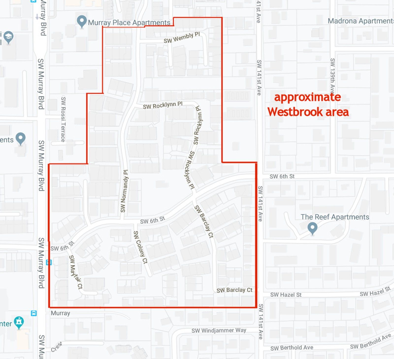 A map showing the approximate Westbrook area of Beaverton
