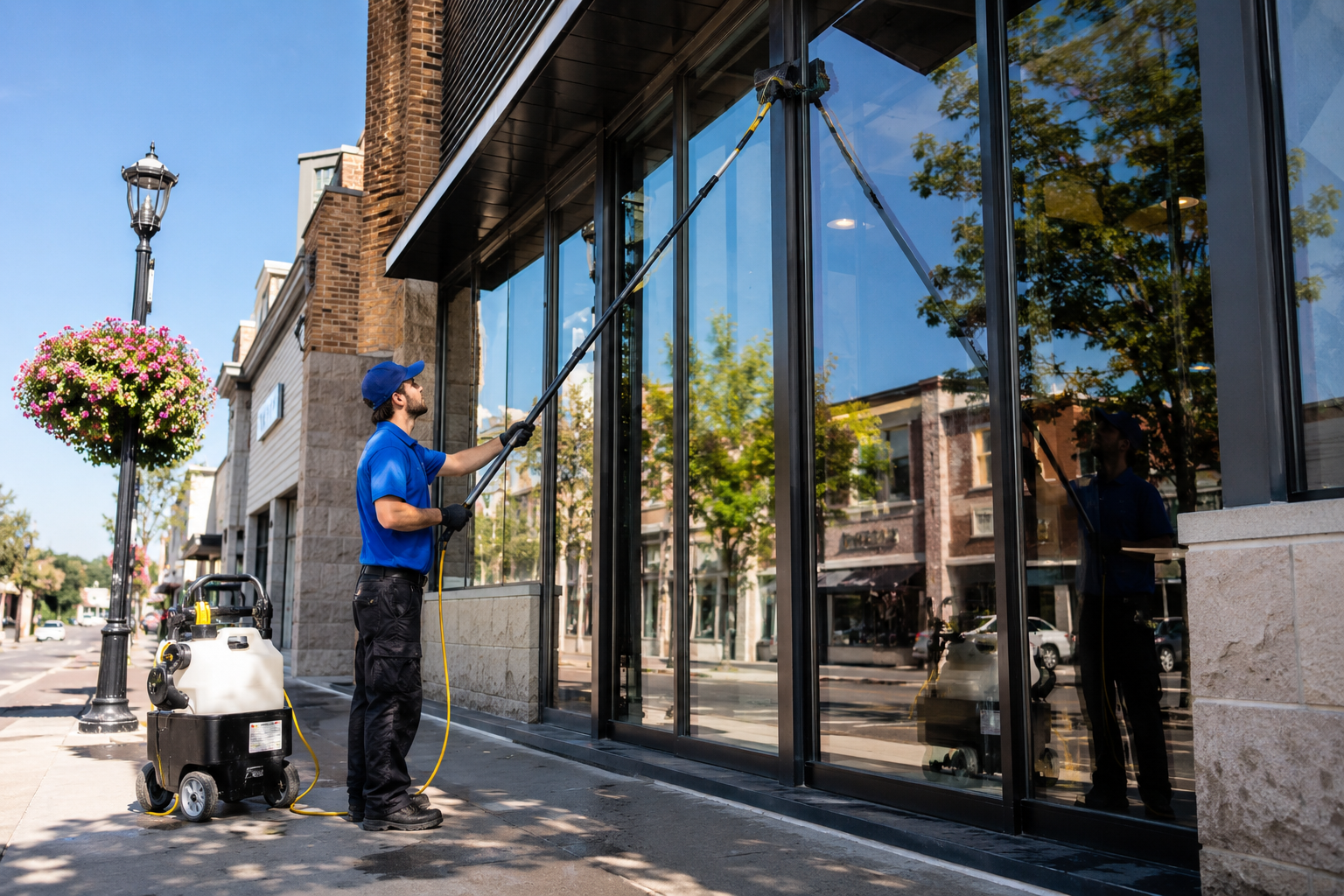 Technicien Polimik effectuant un nettoyage vitres commercial 
sur une façade moderne à Saint-Georges