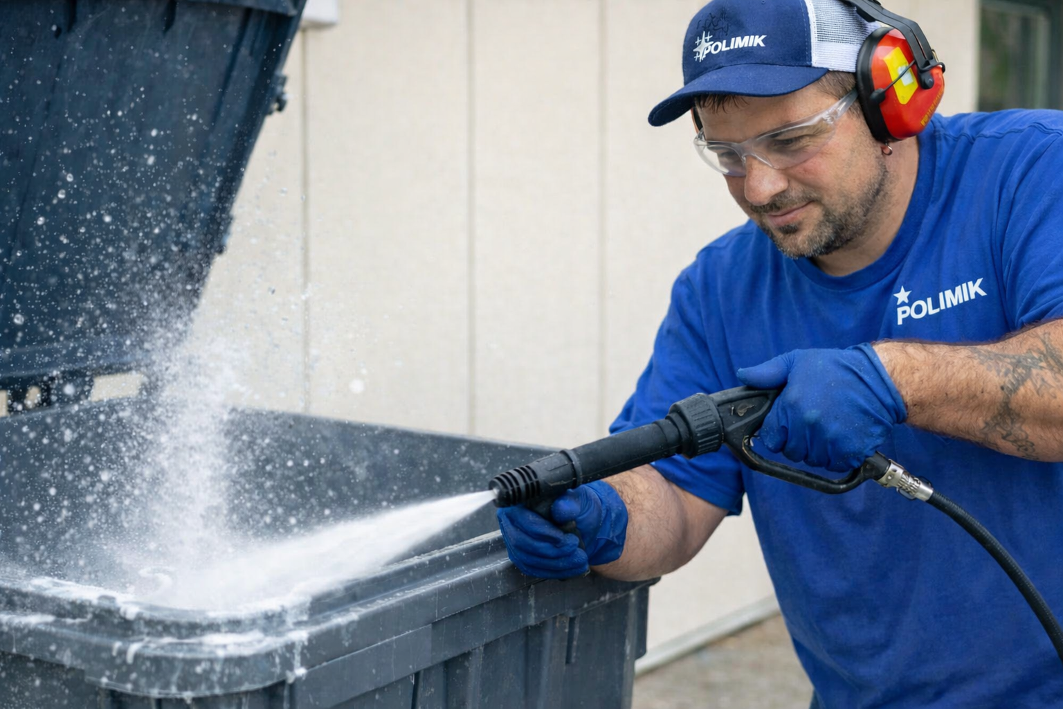 Worker in blue shirt pressure-washes a black bin outdoors, spraying water and foam.