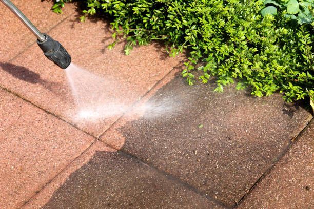 Spraying water onto a red brick patio to clean it, with green shrubs along the edge.