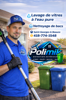 Publicité de Services Polimik pour le lavage de fenêtres et nettoyage de toiture avec technicien.