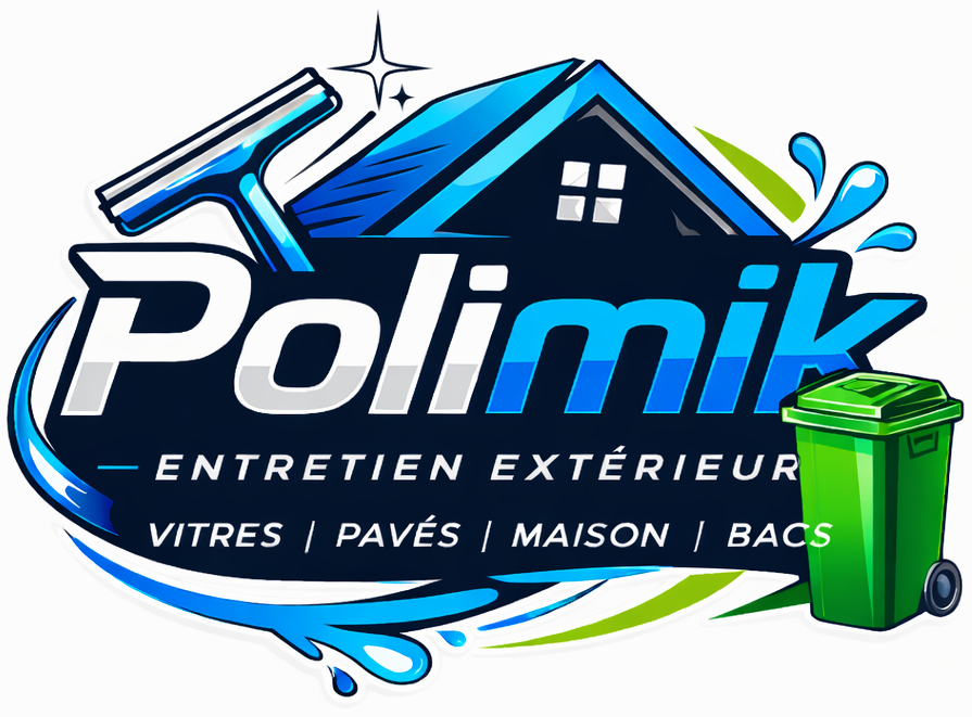 Polimik exterior cleaning logo with blue roof, window, squeegee, and green trash bin