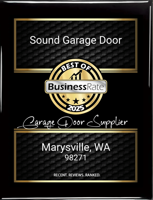 BusinessRate award plaque for Sound Garage Door in Marysville, WA, black and gold