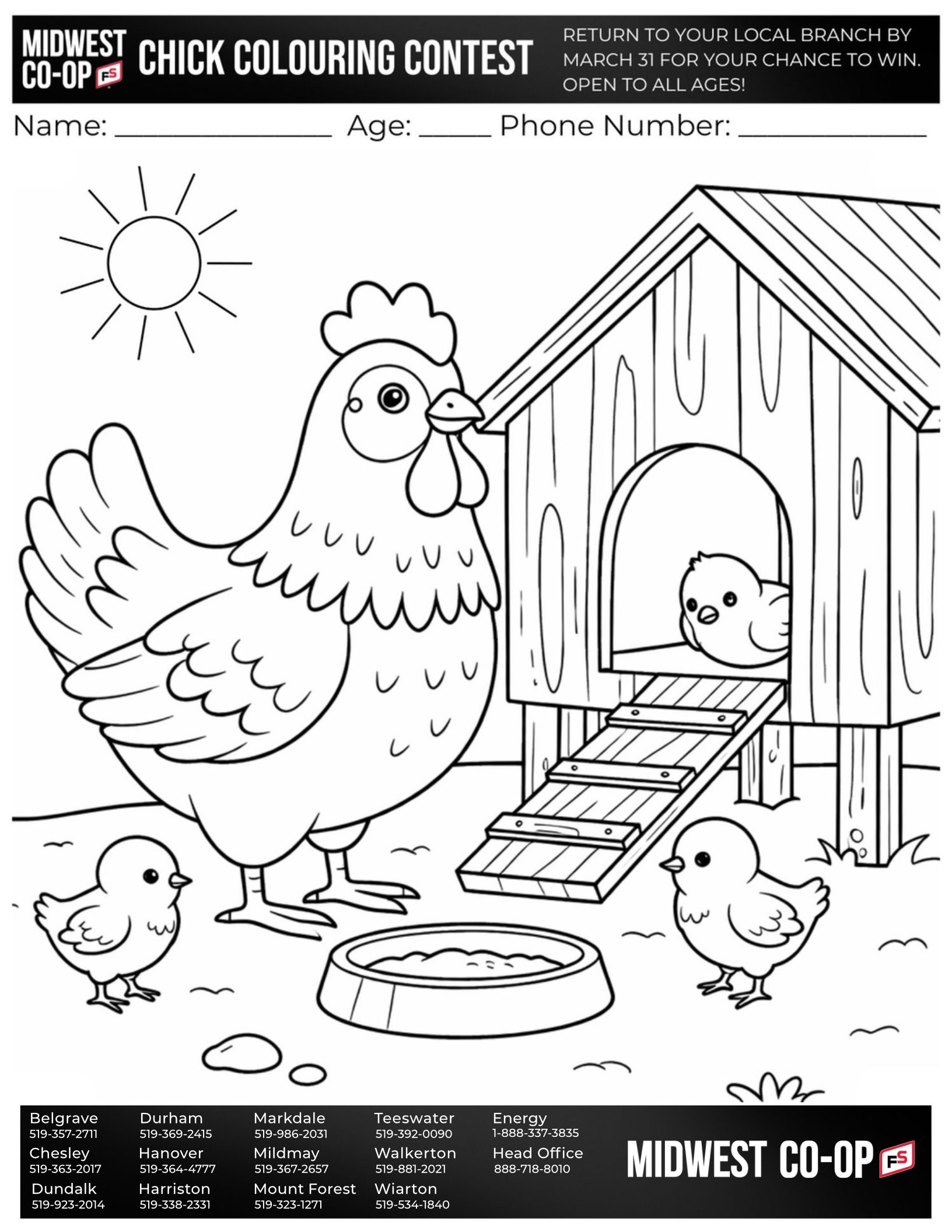 Coloring contest page featuring a hen, chicks, and a coop. A sun shines above.