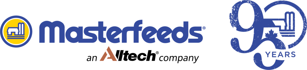A blue and yellow logo for masterfeeds an alltech company