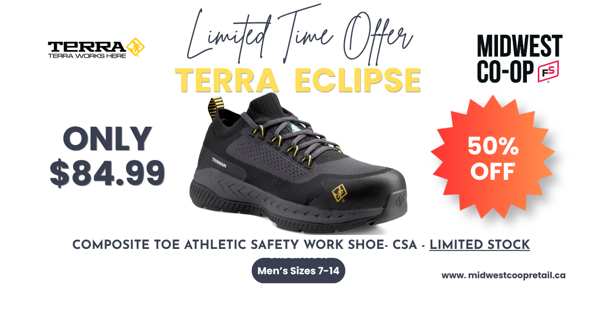 Terra Eclipse composite toe safety work shoe ad, black shoe, $84.99, 50% off at Midwest Co-op.