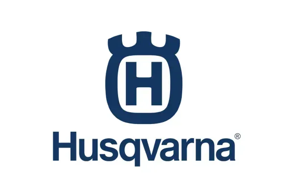 A blue husqvarna logo on a white background