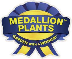 Medallion Plants logo: Blue ribbon with yellow medallion,