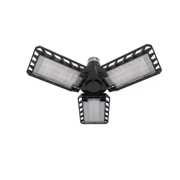 Black LED garage light with three adjustable panels.