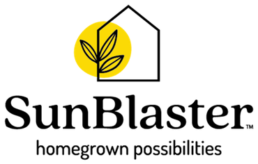 SunBlaster logo: house outline with yellow circle and leaves; text