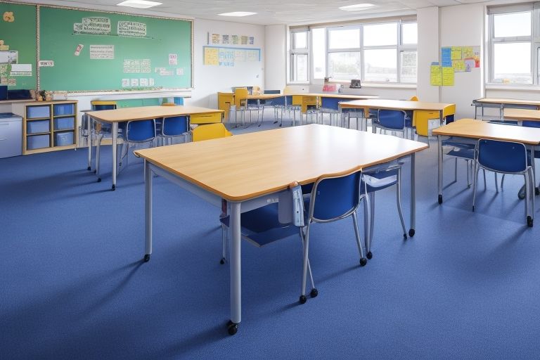 Clean tidy classroom with empty tables and clean floors
