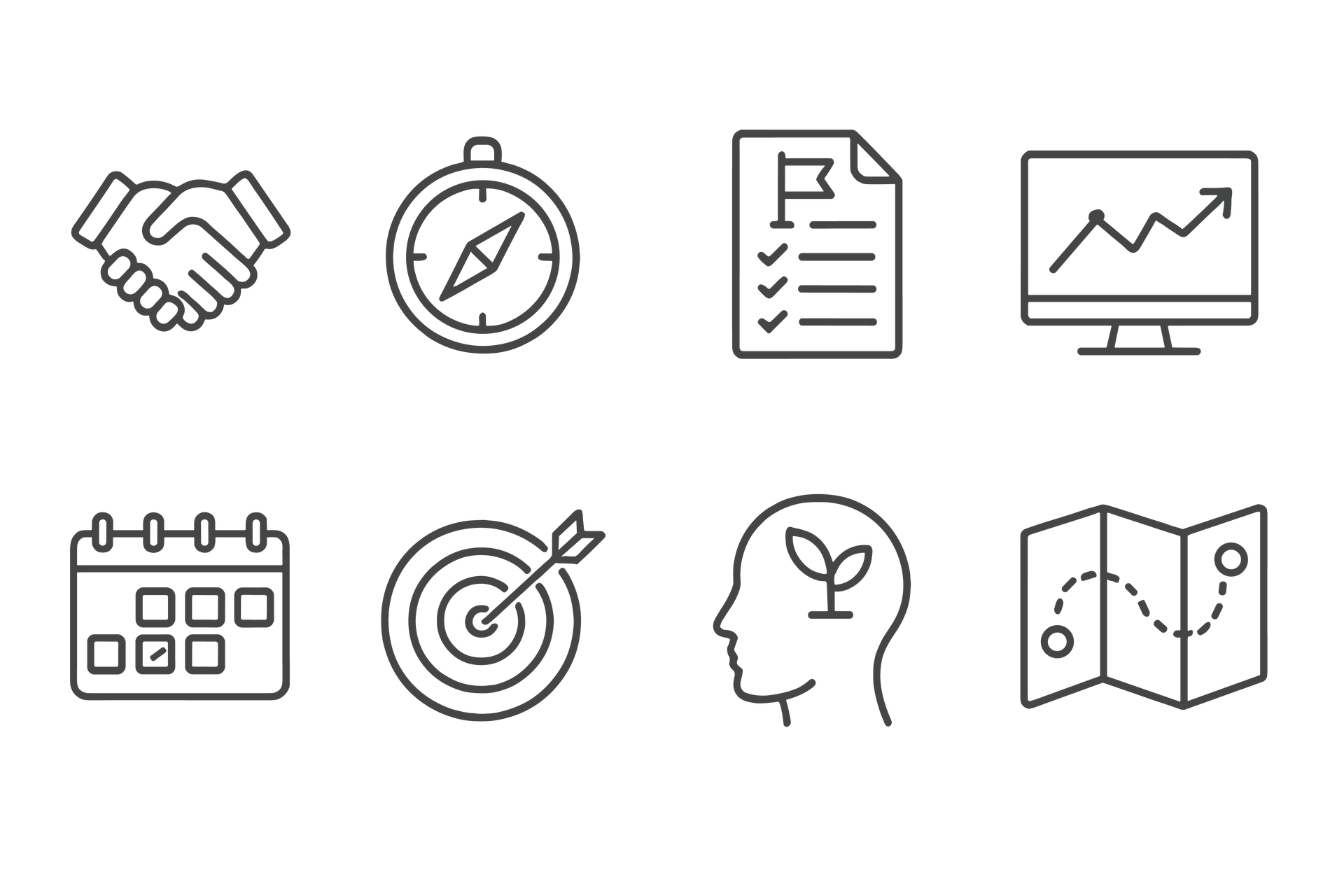 Icons representing agreement, direction, tasks, growth, goals, planning, and progress.