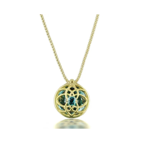 A gold necklace with a blue stone in the center